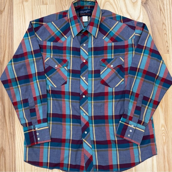 Wrangler Shirt Mens 17-35 Blue Plaid Pearl Snap Long Sleeve Cowboy Long Tail - Picture 1 of 7